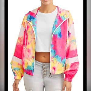 NO BOUNDARIES RETRO TIEDYED NEON COLORED WINDBREAKER HOODIE W POCKETS PLUS SZ:3X